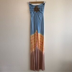 Vintage Y2K Sky Size Small Blue Orange Tie Dye Beaded Strapless Maxi Dress Boho